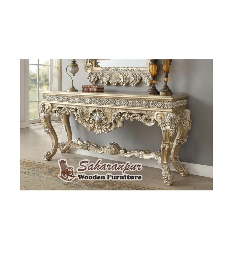 Teak Wood Silver Console Table Carved Wood