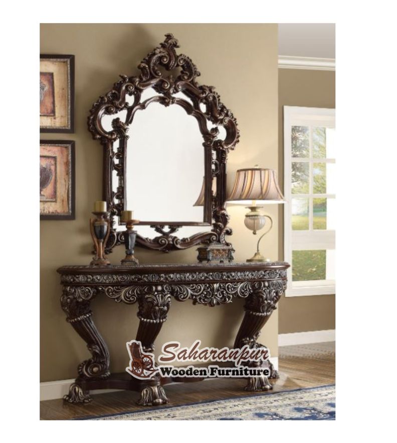 Teak Wood Dark Brown And Silver Console Table And Mirror Carved Wood