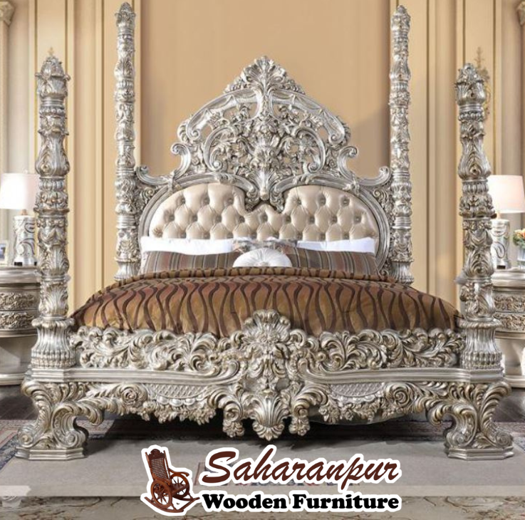 Teak Wood Golden King Poster Bed