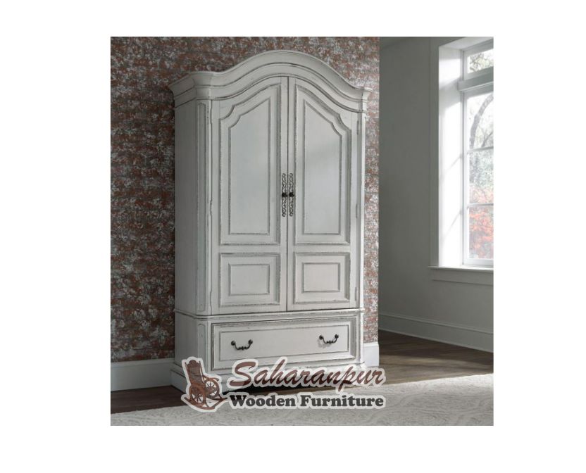 Antique White Finish Teak Wood Almirah