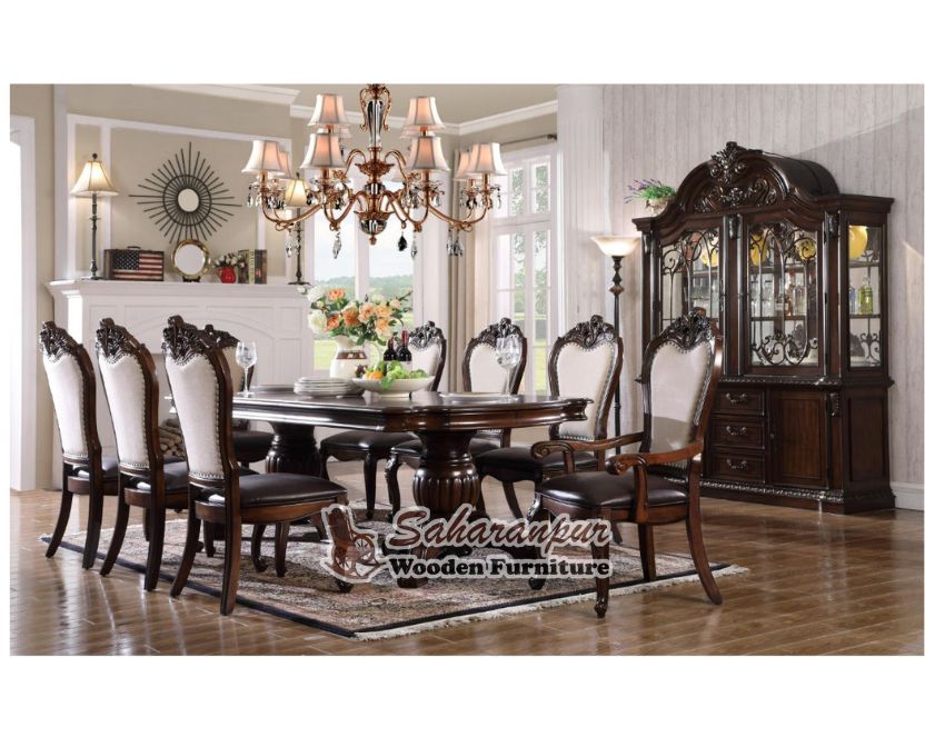 Traditional Cherry Finish Linen Chairs Dining Table Set